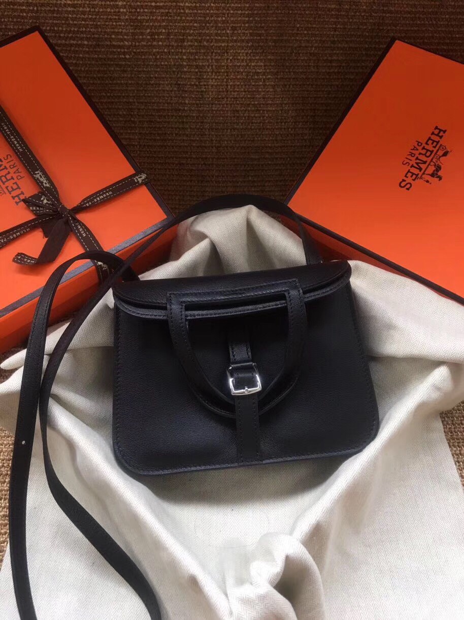 Hermes Mini Halzan 22 Handbag Shoulder Bag In Black Swift Leather